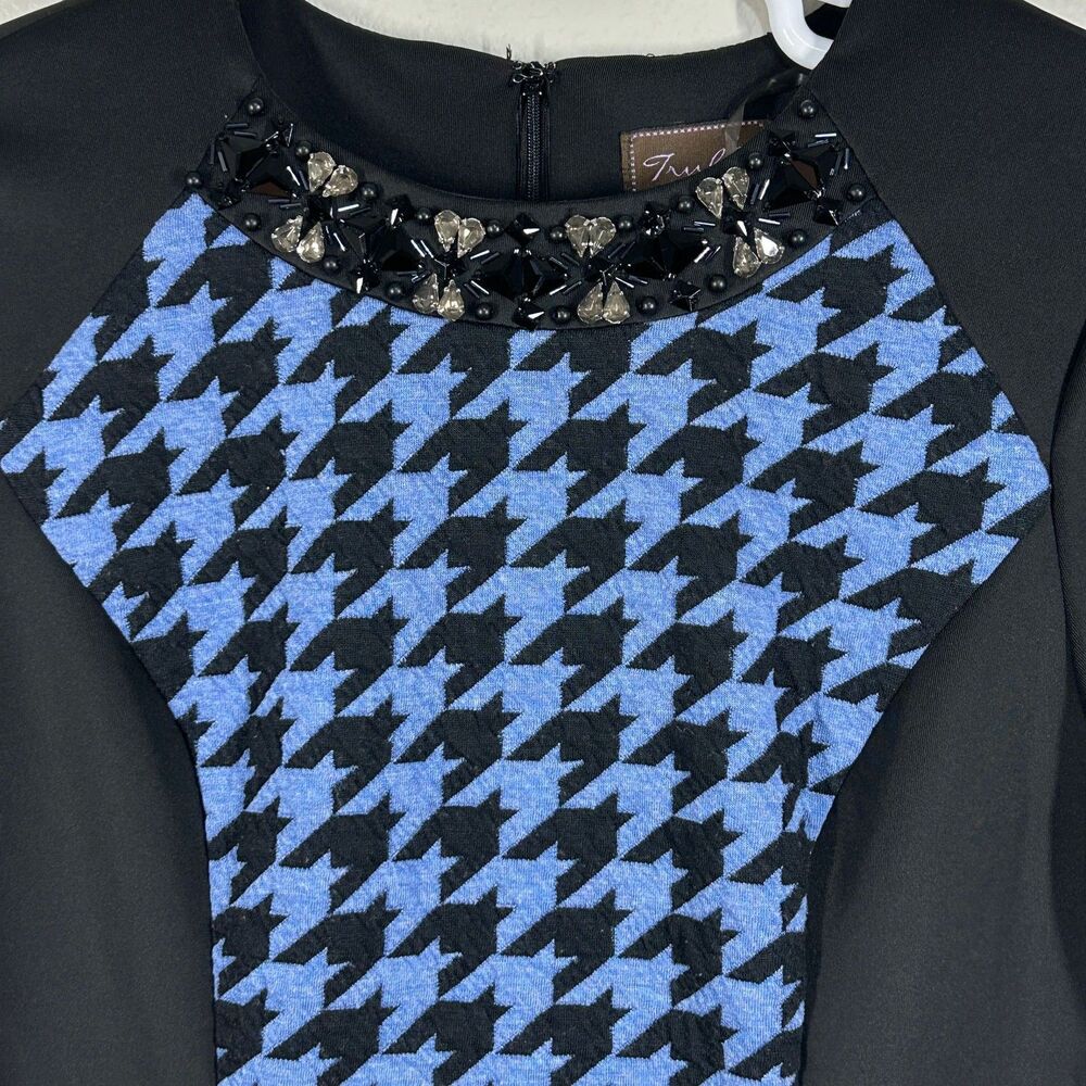 Trulli Dress Womens 16 Black Blue Houndstooth Jeweled Neck Short Sleeve Sheath